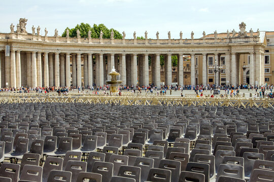 Piazza San Pietro colonnade and chairs. Vatican