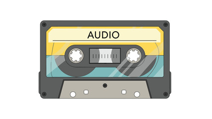 Fototapeta premium Vintage audio cassette tape with a grey body and a yellow and blue label showing the word audio in a classic retro electronic design.