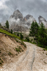 Hiking path towards the Langkofel group with the peaks of Langkofel and Plattkofel and the Langkofel Hut on the Seiser Alm, Dolomites, South Tyrol, Italy.
