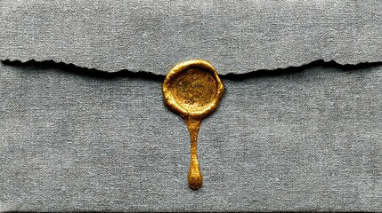 Golden Wax Seal on a Torn Gray Paper Envelope.