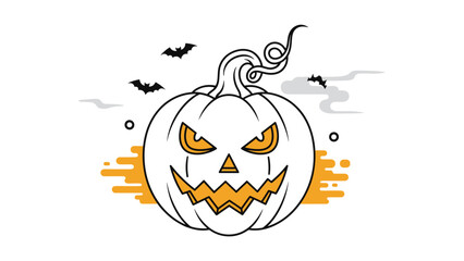Spooky Halloween Jack-o'-lantern pumpkin with a glowing orange face and flying bats against a dark foggy background in an outline style.
