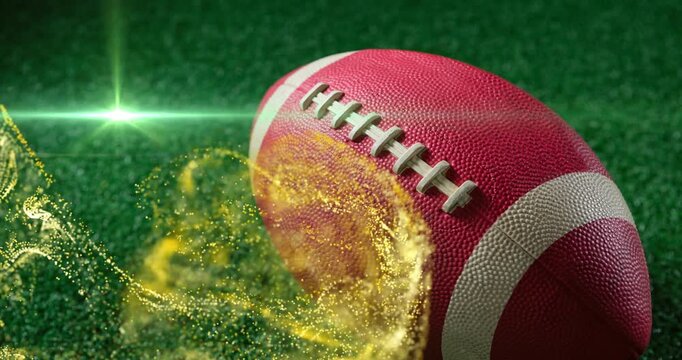Animation of moving lens flare and abstract pattern over rugby ball on green filed
