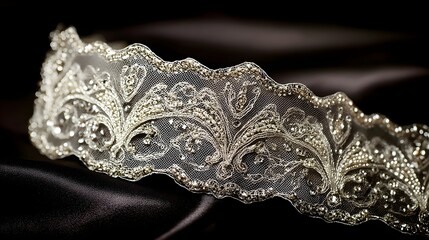 Intricate metallic embroidered lace trim with ornate patterns and sparkling embellishments, perfect for luxurious fashion and bridal designs.
