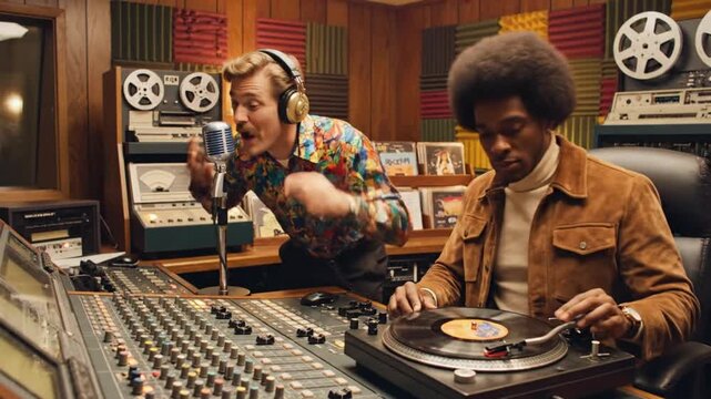 Retro 70s Music Studio Two Men Recording Vinyl and Singing into Mic