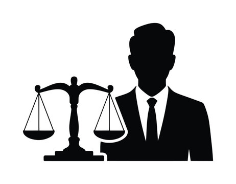 Silhouette of businessman and scales of justice vector icon representing law