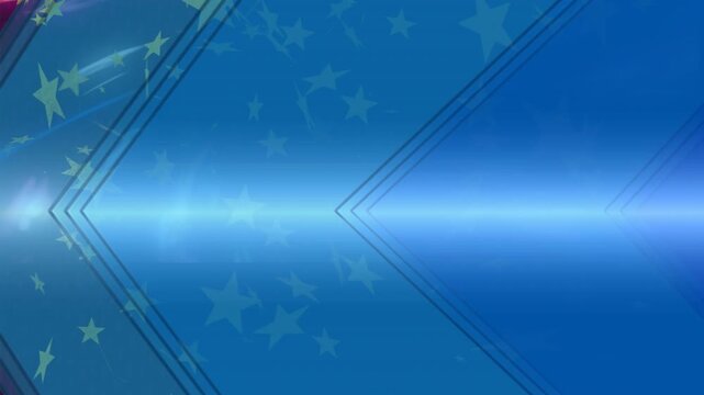 Animation of christmas decorations and stars falling over blue pattern background