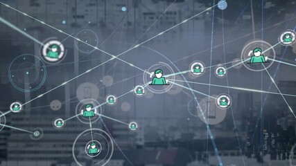 Animation of network of connections with icons and data processing over computer server - Powered by Adobe