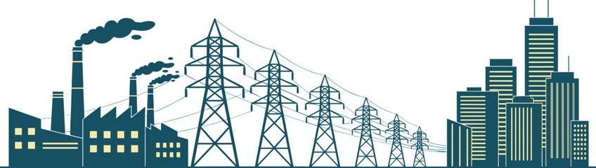 Industrial power generation and electric transmission infrastructure connecting factories to modern city skyline, energy distribution concept illustration for sustainable urban development © All in one