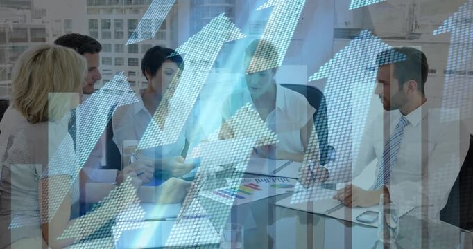 Animation of financial data processing and arrows over business people