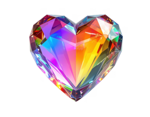 3D crystal heart with rainbow prism reflections and sharp edges,white background
