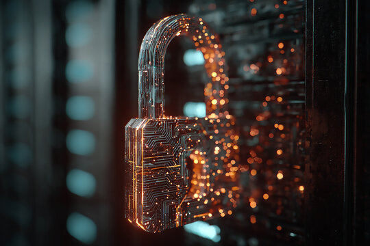 Digital padlock on a circuit board background with glowing orange and blue lights secure data concept - Powered by Adobe