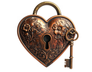 Antique copper heart-shaped lock with floral engravings and key,white background