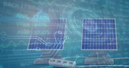 Animation of stock market data processing and microprocessor connections against solar panel - Powered by Adobe