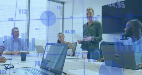 Animation of data processing over caucasian woman reading a document to her colleagues at office - Powered by Adobe