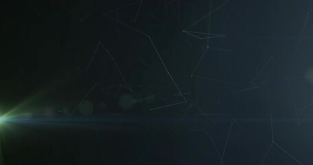 Animation of network of connections over green and blue light spots against black background - Powered by Adobe