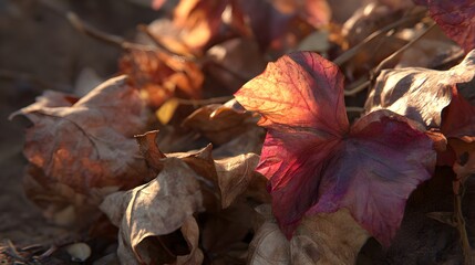 Crumbled Dried Leaves in Autumnal Shades of Brown and Red Illuminated by Warm Sunlight