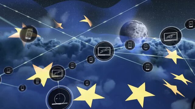 Animation of network of connections with icons and moon over flag of eu