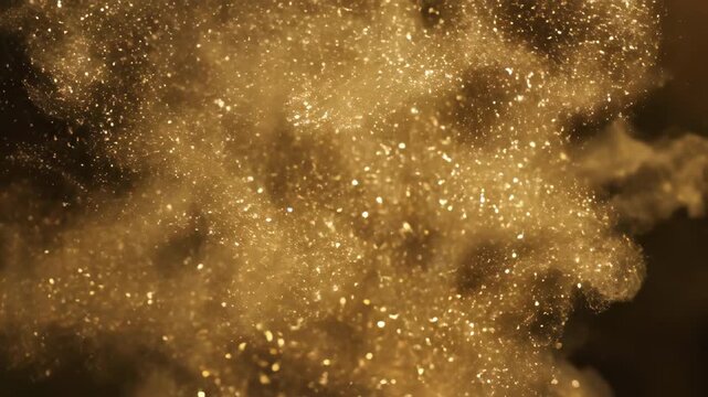 Abstract digital transition where a beautiful summer watercolor pattern featuring orange flowers and lush green foliage dissolves into sparkling soft golden dust artistic, energy, smooth
