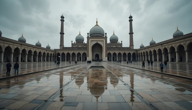 &ldquo;Rainy day at Wazir Khan Mosque with reflections on marble floor, cinematic mood.&rdquo;

