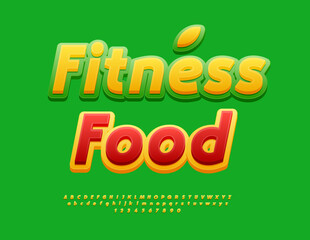 Vector Quality badge Fitness Food. Bright Yellow and  Green Font. Digital Itallic Alphabet Letters and Numbers set.