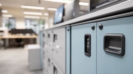 Medium shot featuring plugandplay cabinets in a reconfigurable exam space cabinet handles and locks focused with the environment gently out of focus.