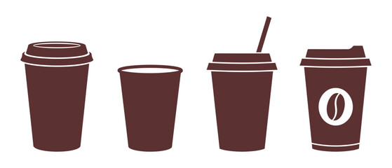 Coffee cup icon set. Cups of coffee and tea in Flat and Outline Style collection. Hot drink icon on transparent background