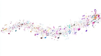 Fototapeta premium Colorful music notes on wave of staff lines with splashes of paint on white background.