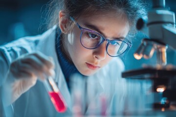Young high school student conducts science experiment in laboratory focusing on chemical reactions with test tubes