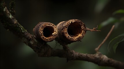 Detailed Cross-Section of Dried Bamboo Stalks on a Branch, Showcasing Intricate Natural Patterns and Organic Texture