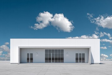 Minimalist modern building with glass doors under a blue sky.