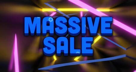 Animation of massive sale text over glowing neon lights on black background - Powered by Adobe