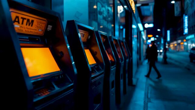 Neon Orange ATM Machines Illuminated in Night Urban Street with Walking Pedestrian Blue City Lights