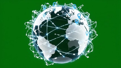 Dynamic 3D animation of a rotating Earth globe showcasing a vibrant global network of interconnected data lines and location pins symbolizing worldwide communication digital connectivity and internat. - Powered by Adobe