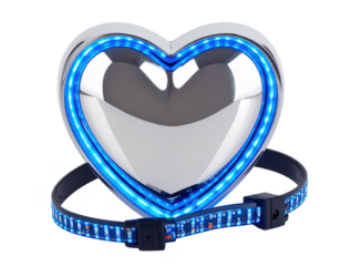 Chrome heart with a futuristic blue LED light strip,white background