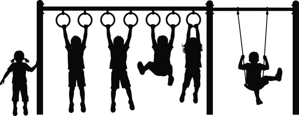 Silhouette illustration of children playing on playground equipment with monkey bars and swings, active childhood, outdoor fun, fitness, and recreational activities concept © Hello there