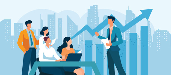 Business Team Meeting Illustration with Growth Chart and City Background