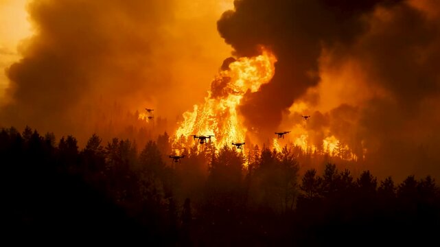 Intense Wildfire Flames Engulfing Pine Forest with Thick Black Smoke and Orange Fire Glow
