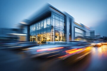 Modern glass building with light trails from moving vehicles at dusk.