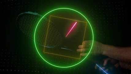 Animation of colourful circle, triangle and square scanning caucasian hands holding tennis racket - Powered by Adobe