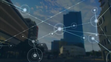 Animation of network of connections over cityscape - Powered by Adobe