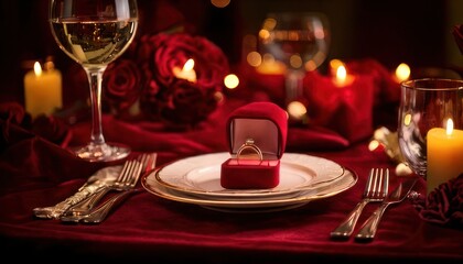 Romantic Dinner Proposal - Engagement Ring on Elegant Table Setting.