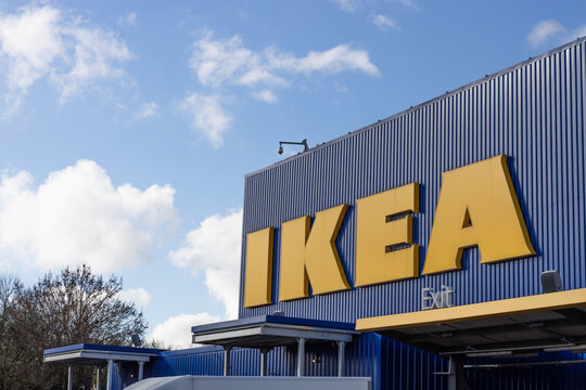 IKEA Furniture Retail Storefront and Corporate Signage. London, UK, 17 March 2024
