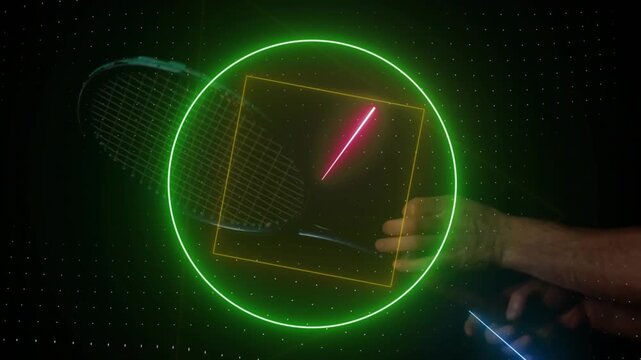 Animation of colourful circle, triangle and square scanning caucasian hands holding tennis racket