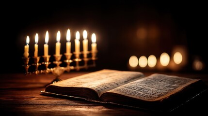 Illuminated menorah and open book on wooden table in candlelight celebration scene.