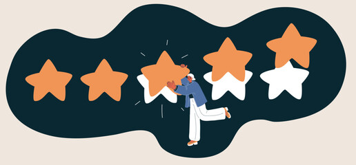 Cartoon vector illustration of woman giving a five-star rating, symbolizing quality, approval, positive feedback against dark background