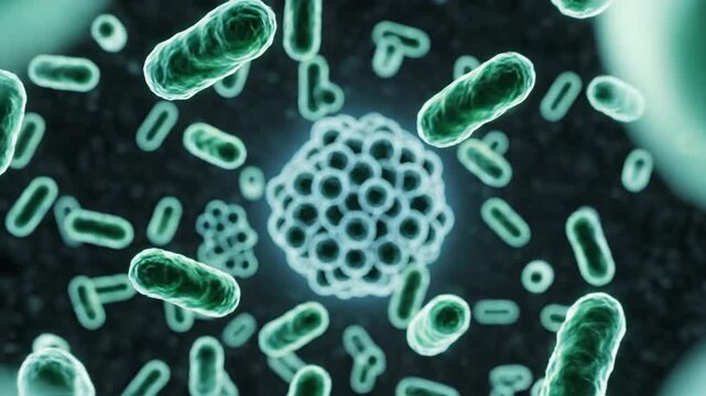 Microscopic view of various bacteria and a virus, showcasing their different shapes and structures.