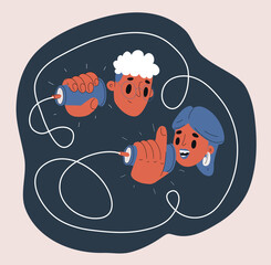 Cartoon vector illustration of man woman talking through tin can phones connected by string, symbolizing communication, connection, and creativity against dark background