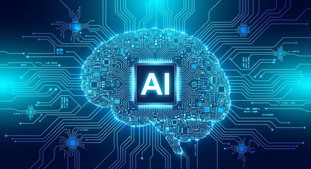 Artificial intelligence concept with glowing blue circuit board brain