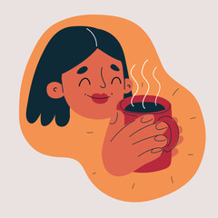 Cartoon vector illustration of a woman holding cup of coffee, enjoying cozy moment