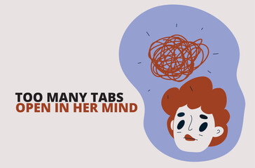 Cartoon vector illustration of messy mind spinning like an overflowing thought cloud